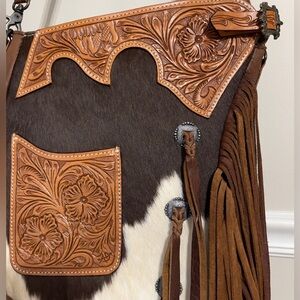 American Darling Tan and Brown Floral Embossed Fringe Bag